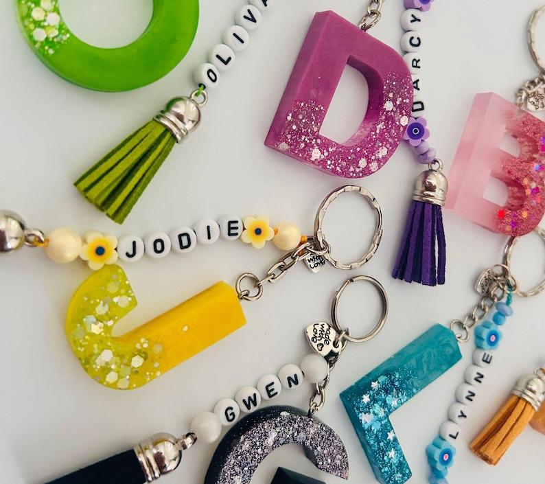 Personalized Resin Initial Keyrings with Beaded Charms