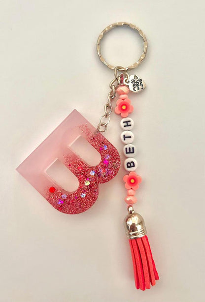Personalized Resin Initial Keyrings with Beaded Charms