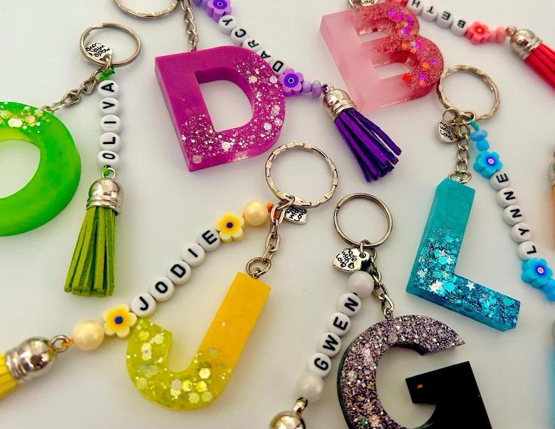Personalized Resin Initial Keyrings with Beaded Charms