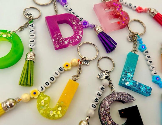 Personalized Resin Initial Keyrings with Beaded Charms