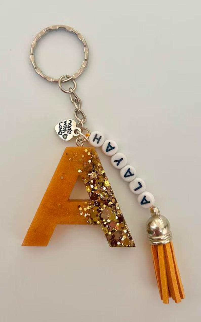 Personalized Resin Initial Keyrings with Beaded Charms