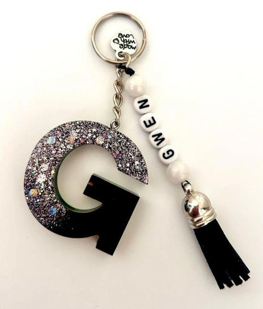 Personalized Resin Initial Keyrings with Beaded Charms
