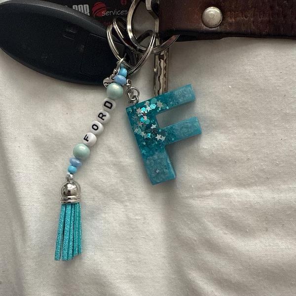 Personalized Resin Initial Keyrings with Beaded Charms
