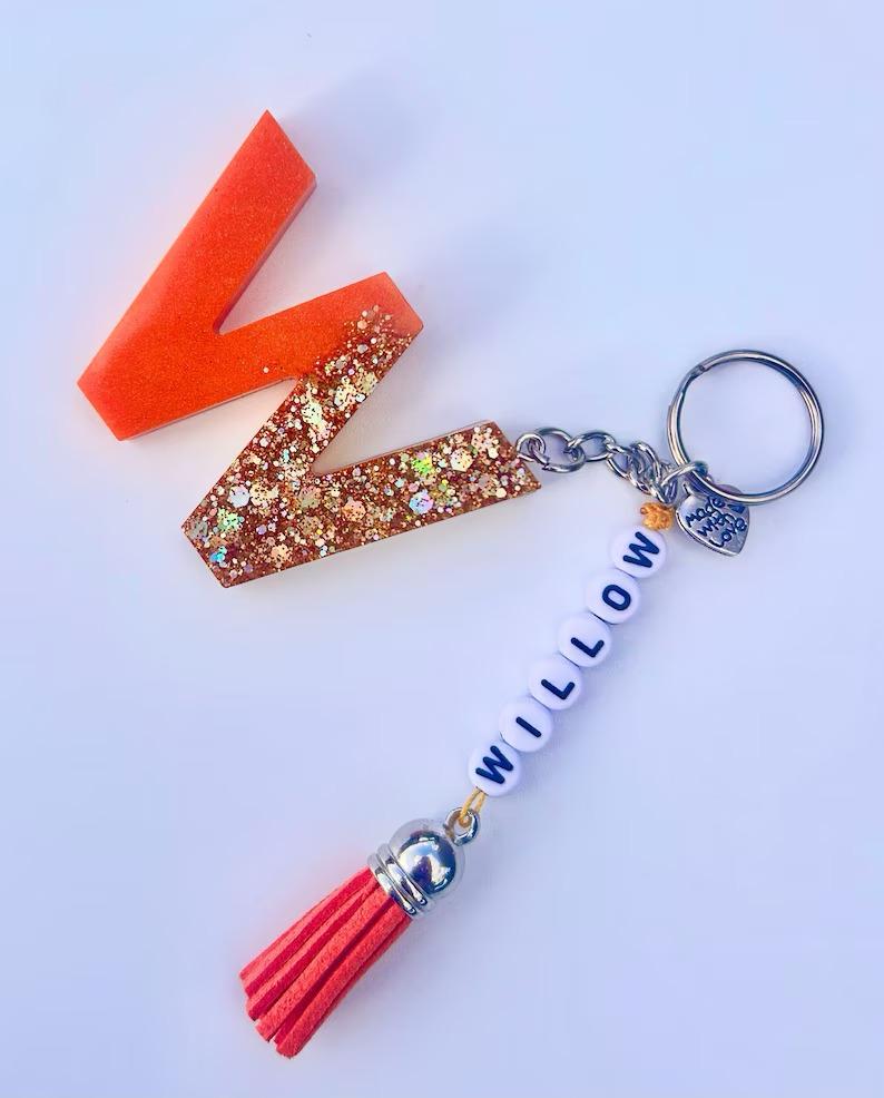 Personalized Resin Initial Keyrings with Beaded Charms