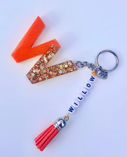 Personalized Resin Initial Keyrings with Beaded Charms
